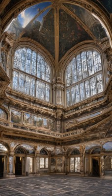 outdoors,sky,day,cloud,indoors,tree,blue sky,no humans,window,sunlight,building,scenery,stairs,fantasy,railing,architecture,tile floor,pillar,statue,stained glass,church,arch,column,vanishing point