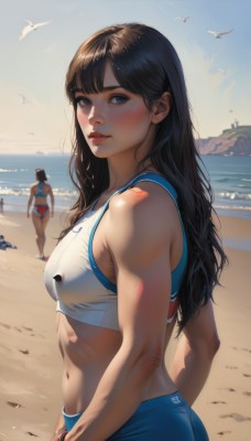 long hair,breasts,looking at viewer,blush,bangs,blue eyes,multiple girls,brown hair,black hair,navel,2girls,bare shoulders,medium breasts,swimsuit,ass,outdoors,parted lips,sky,shorts,solo focus,day,midriff,water,stomach,blue sky,lips,bird,ocean,beach,toned,buruma,sports bra,sportswear,realistic,nose,sand,shore,seagull,sports bikini,jewelry,standing,bikini,earrings,cloud,3girls,bracelet,from side