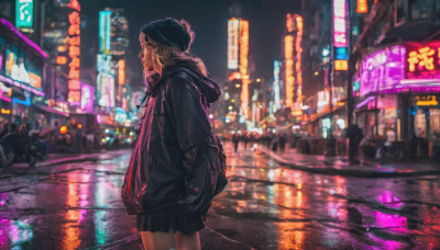 1girl, solo, skirt, standing, jacket, pleated skirt, outdoors, hood, black skirt, blurry, from side, hoodie, night, depth of field, hood down, ground vehicle, building, motor vehicle, reflection, city, hands in pockets, car, road, street, city lights, neon lights, crosswalk