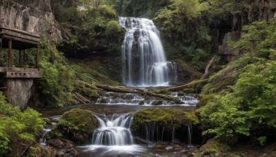 outdoors,day,water,tree,no humans,nature,scenery,forest,ruins,bridge,river,waterfall,moss,overgrown,plant,rock,branch,landscape