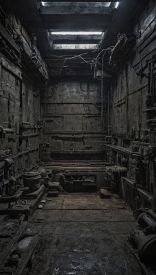 monochrome,greyscale,indoors,no humans,scenery,tiles,dark,tile floor,industrial pipe,alley,window,science fiction,cable,ceiling,wire,ceiling light,grey theme