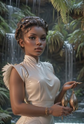 1girl,solo,breasts,looking at viewer,short hair,brown hair,black hair,hair ornament,dress,holding,brown eyes,jewelry,medium breasts,closed mouth,upper body,earrings,outdoors,parted lips,sleeveless,artist name,dark skin,water,necklace,hair bun,white dress,blurry,black eyes,bracelet,dark-skinned female,lips,fingernails,wet,see-through,eyelashes,sleeveless dress,blurry background,plant,wet clothes,realistic,nose,holding clothes,waterfall,very dark skin,dreadlocks,shiny,covered nipples,piercing