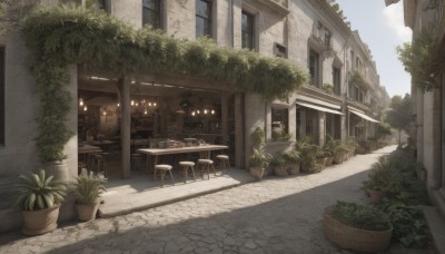 outdoors,sky,day,tree,no humans,window,chair,table,sunlight,plant,building,scenery,stairs,city,door,potted plant,road,house,flower pot,pavement,cloud,blue sky,bush