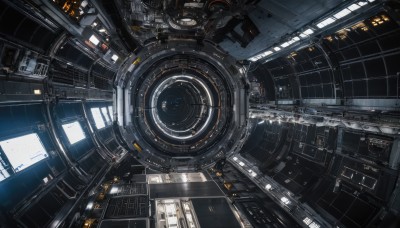 dutch angle,no humans,window,from above,building,scenery,machinery,science fiction,spacecraft,indoors,realistic,cable,space,planet