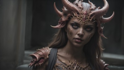 HQ,1girl,solo,long hair,looking at viewer,brown hair,red eyes,brown eyes,jewelry,closed mouth,collarbone,upper body,horns,dark skin,necklace,armor,blurry,dark-skinned female,lips,tattoo,blurry background,facial mark,helmet,shoulder armor,portrait,realistic,fake horns,horned helmet,black hair,makeup