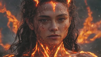 1girl,solo,long hair,looking at viewer,black hair,closed mouth,dark skin,blurry,black eyes,dark-skinned female,lips,grey eyes,blood,expressionless,fire,messy hair,portrait,freckles,blood on face,realistic,nose,dirty,embers,dirty face,burning,brown eyes,wet,glowing