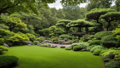 outdoors,sky,day,cloud,tree,no humans,grass,nature,scenery,forest,rock,torii,green theme,landscape,path,water,bush,architecture,east asian architecture,river,shrine,moss