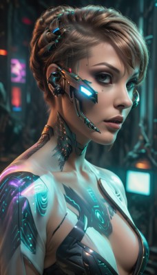 1girl,solo,breasts,looking at viewer,short hair,brown hair,cleavage,brown eyes,medium breasts,upper body,small breasts,parted lips,hair bun,mole,blurry,lips,bodysuit,blurry background,glowing,single hair bun,freckles,science fiction,nose,android,cyborg,cyberpunk,earpiece,hologram,blue eyes,collarbone,braid,from side,eyelashes,mole under eye,makeup,robot,lipstick,eyeshadow,realistic,eyeliner,mascara,neon lights