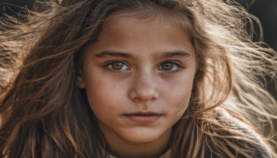 1girl,solo,long hair,looking at viewer,blonde hair,simple background,brown hair,brown eyes,closed mouth,parted lips,lips,floating hair,black background,messy hair,portrait,close-up,freckles,realistic,nose,eyelashes