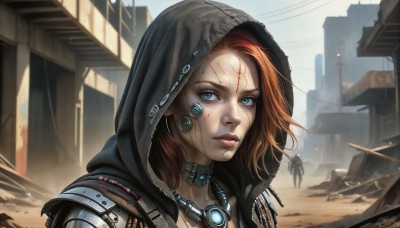 HQ,1girl,solo,looking at viewer,short hair,blue eyes,brown hair,jewelry,upper body,red hair,outdoors,parted lips,solo focus,choker,day,hood,necklace,orange hair,lips,hoodie,scar,facial mark,building,scar on face,hood up,science fiction,injury,city,realistic,nose,ruins,cyborg,cyberpunk,artist name,signature,armor,eyelashes,blood,glowing,portrait,freckles,facepaint,dirty