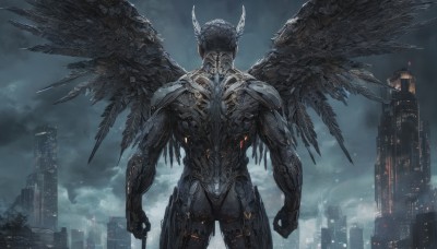 solo,1boy,standing,male focus,outdoors,wings,horns,sky,cloud,from behind,helmet,cloudy sky,robot,building,feathered wings,1other,science fiction,black wings,city,facing away,cityscape,skyscraper,black hair,cowboy shot,armor,no humans,muscular,shoulder armor,clenched hands,monster,arms at sides,mechanical wings,multiple wings,skyline