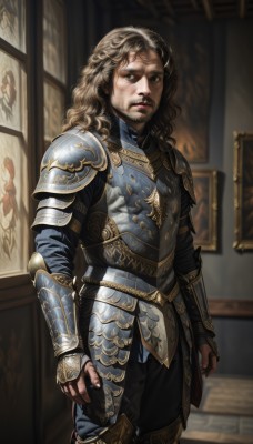 solo,long hair,looking at viewer,blonde hair,brown hair,long sleeves,1boy,brown eyes,closed mouth,standing,male focus,cowboy shot,parted lips,pants,indoors,armor,blurry,black eyes,lips,window,blurry background,facial hair,scar,black pants,shoulder armor,gauntlets,beard,curly hair,pauldrons,breastplate,realistic,mustache,arms at sides,vambraces,greaves,old,faulds,painting (object),chainmail,blue eyes,weapon,sword,sheath,sheathed