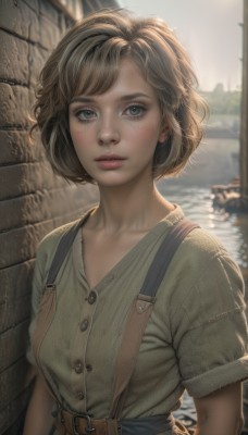 1girl,solo,breasts,looking at viewer,short hair,bangs,blue eyes,blonde hair,brown hair,shirt,green eyes,upper body,short sleeves,outdoors,parted lips,day,belt,artist name,blurry,lips,grey eyes,eyelashes,buttons,depth of field,blurry background,sunlight,suspenders,building,freckles,realistic,nose,green shirt,overalls,wall,brick wall,stone wall,blush,collarbone,small breasts,teeth,collared shirt,water,messy hair,brown belt