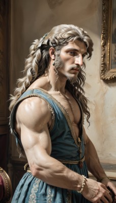 solo,long hair,looking at viewer,blue eyes,hair ornament,1boy,dress,bare shoulders,jewelry,closed mouth,standing,collarbone,upper body,braid,white hair,grey hair,male focus,sleeveless,indoors,bracelet,from side,lips,muscular,blue dress,facial hair,wavy hair,chair,pectorals,muscular male,beard,curly hair,mature male,realistic,mustache,manly,old,chest hair,old man,painting (object),wrinkled skin,earrings,scar,veins,pectoral cleavage,biceps