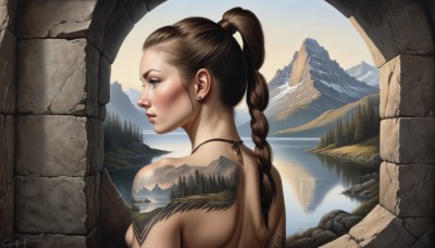 1girl,solo,long hair,breasts,blush,blue eyes,brown hair,jewelry,medium breasts,upper body,ponytail,braid,earrings,outdoors,day,signature,water,lips,single braid,tattoo,profile,back,reflection,braided ponytail,mountain,realistic,nose,sky,tree,sideboob,scenery,tribal