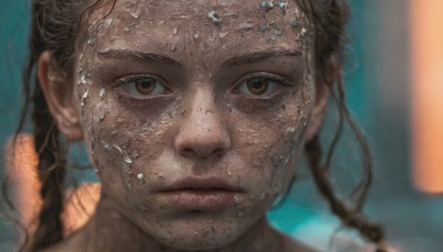 1girl,solo,long hair,looking at viewer,brown hair,brown eyes,closed mouth,braid,dark skin,water,blurry,twin braids,lips,wet,depth of field,blurry background,portrait,close-up,freckles,realistic,nose,eyelashes,straight-on