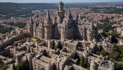 outdoors,sky,day,water,tree,no humans,ocean,from above,ground vehicle,building,nature,scenery,forest,city,fantasy,road,cityscape,bridge,river,castle,tower,landscape,cloud,mountain,horizon,town