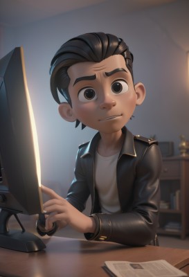 solo,looking at viewer,smile,short hair,shirt,black hair,long sleeves,1boy,brown eyes,sitting,jacket,white shirt,male focus,parted lips,indoors,black eyes,open jacket,black jacket,chair,thick eyebrows,child,desk,paper,lamp,computer,male child,leather,leather jacket,blurry,blurry background,table