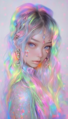 1girl,solo,long hair,looking at viewer,bangs,blue eyes,blonde hair,simple background,jewelry,closed mouth,upper body,pink hair,multicolored hair,earrings,green hair,grey background,from side,lips,eyelashes,gradient hair,makeup,wavy hair,gem,portrait,pink lips,nose,colorful,green gemstone,rainbow hair,bare shoulders,watermark,facial mark,piercing,ear piercing,crystal,pearl (gemstone),head chain