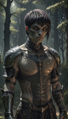 solo,looking at viewer,short hair,black hair,gloves,1boy,brown eyes,jewelry,closed mouth,nipples,standing,male focus,cowboy shot,earrings,outdoors,belt,artist name,dark skin,armor,tree,tattoo,muscular,colored skin,scar,facial mark,piercing,abs,pectorals,muscular male,shoulder armor,gauntlets,nature,forest,pauldrons,topless male,realistic,nose,arms at sides,vambraces,nipple piercing,navel,yellow eyes,weapon,pants,sword,fingerless gloves,lips,colored sclera,very short hair,bare pectorals,facial tattoo