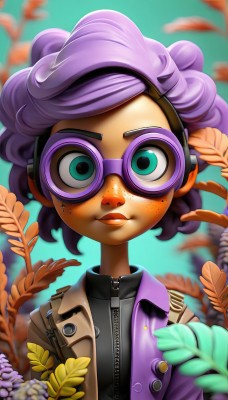 1girl,solo,looking at viewer,smile,short hair,open mouth,green eyes,jacket,upper body,purple hair,flower,parted lips,glasses,artist name,dark skin,blurry,aqua eyes,dark-skinned female,headphones,leaf,plant,goggles,zipper,freckles,curly hair,open clothes,open jacket,lips,depth of field,watermark,unzipped