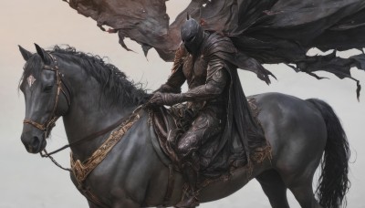 solo,simple background,red eyes,1boy,holding,weapon,male focus,sword,grey background,cape,armor,from side,torn clothes,glowing,animal,helmet,shoulder armor,gauntlets,1other,pauldrons,breastplate,black cape,riding,greaves,horse,knight,full armor,ambiguous gender,black armor,torn cape,horseback riding,helm,reins,saddle,white background,holding weapon