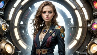 HQ,1girl,solo,long hair,breasts,looking at viewer,blue eyes,brown hair,cleavage,jewelry,medium breasts,jacket,upper body,parted lips,necklace,uniform,lips,makeup,lipstick,brooch,gem,pendant,science fiction,realistic,nose,emblem,badge,button badge,medal,wavy hair,formal