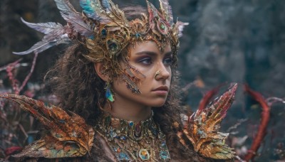 1girl,solo,long hair,blue eyes,brown hair,hair ornament,brown eyes,jewelry,closed mouth,upper body,earrings,dark skin,necklace,armor,blurry,dark-skinned female,lips,makeup,depth of field,blurry background,wavy hair,looking away,expressionless,piercing,feathers,shoulder armor,gem,portrait,eyeshadow,feather hair ornament,realistic,headdress,looking afar