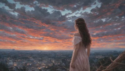 1girl,solo,long hair,brown hair,dress,bare shoulders,standing,outdoors,sky,cloud,dark skin,water,off shoulder,from behind,white dress,dark-skinned female,tree,see-through,dutch angle,ocean,cloudy sky,building,scenery,sunset,city,arms at sides,horizon,branch,cityscape,twilight,landscape