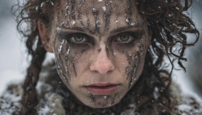 1girl,solo,long hair,looking at viewer,brown hair,brown eyes,closed mouth,braid,water,blurry,lips,wet,depth of field,blurry background,portrait,close-up,rain,realistic,wet hair,1boy,male focus,serious