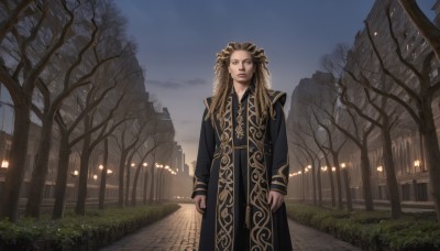 1girl,solo,long hair,looking at viewer,blonde hair,brown hair,long sleeves,1boy,brown eyes,standing,male focus,outdoors,sky,cloud,tree,coat,grass,building,scenery,robe,realistic,arms at sides,road,lamppost,bare tree,closed mouth