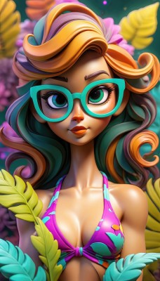 1girl,solo,long hair,breasts,looking at viewer,blush,smile,brown hair,hair ornament,cleavage,bare shoulders,medium breasts,closed mouth,green eyes,collarbone,swimsuit,upper body,flower,bikini,multicolored hair,small breasts,wings,glasses,artist name,hair flower,orange hair,blurry,two-tone hair,aqua eyes,lips,eyelashes,makeup,depth of field,watermark,wavy hair,feathers,lipstick,bikini top only,multicolored clothes,eyeshadow,personification,freckles,curly hair,pink lips,round eyewear,pink bikini,blue-framed eyewear,blue eyes,blonde hair,leaf,plant