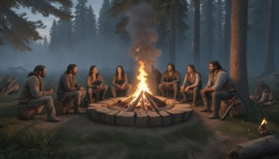 long hair,brown hair,black hair,sitting,jacket,weapon,male focus,boots,outdoors,food,multiple boys,pants,sword,hood,bag,tree,night,facial hair,backpack,grass,fire,knife,nature,beard,forest,6+boys,rock,mustache,cooking,burning,log,tent,campfire,shirt,holding,sky,looking at another,vest,bird,crossed arms,smoke,mountain,arrow (projectile),on ground,quiver,tunic