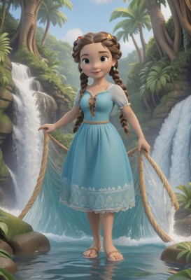 1girl,solo,long hair,breasts,looking at viewer,smile,blue eyes,brown hair,hair ornament,dress,holding,twintails,brown eyes,jewelry,closed mouth,standing,collarbone,full body,braid,short sleeves,earrings,small breasts,outdoors,sky,day,artist name,cloud,dark skin,water,twin braids,dark-skinned female,tree,blue sky,puffy short sleeves,lips,toes,blue dress,watermark,sandals,plant,rope,nature,wading,freckles,palm tree,waterfall,flower,puffy sleeves,signature,sash,brown footwear,grass,child,forest,curly hair,rock,skirt hold,aqua dress