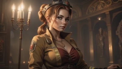 1girl,solo,long hair,breasts,looking at viewer,large breasts,brown hair,shirt,gloves,hat,cleavage,brown eyes,jewelry,medium breasts,collarbone,jacket,upper body,ponytail,earrings,parted lips,open clothes,indoors,necklace,blurry,lips,pendant,brown jacket,realistic,nose,candle,leather,badge,candlestand,candlelight,long sleeves,crown,low ponytail,emblem,statue