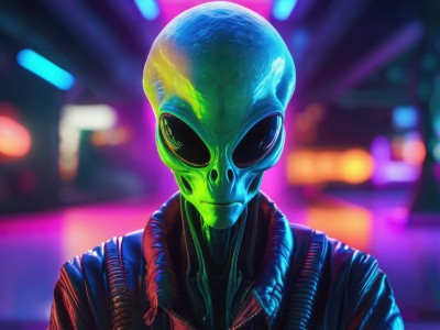 solo,looking at viewer,1boy,closed mouth,jacket,upper body,male focus,blurry,mask,blurry background,colored skin,portrait,zipper,science fiction,leather,alien,leather jacket,cyberpunk,no humans,facing viewer,neon lights