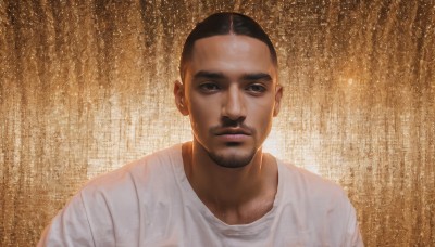 solo,looking at viewer,short hair,shirt,black hair,1boy,brown eyes,closed mouth,white shirt,upper body,male focus,dark skin,black eyes,wet,facial hair,dark-skinned male,t-shirt,wet clothes,beard,rain,realistic,mustache,stubble,wet shirt,manly,lips,expressionless,portrait,very short hair,buzz cut