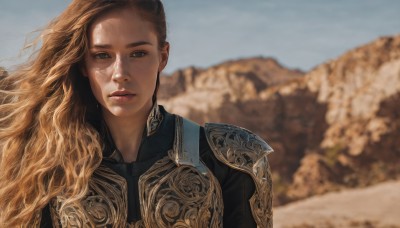 1girl,solo,long hair,looking at viewer,blue eyes,blonde hair,brown hair,brown eyes,upper body,outdoors,parted lips,sky,day,armor,blurry,blue sky,lips,blurry background,wavy hair,wind,portrait,freckles,curly hair,mountain,realistic,desert,depth of field,sunlight,shoulder armor