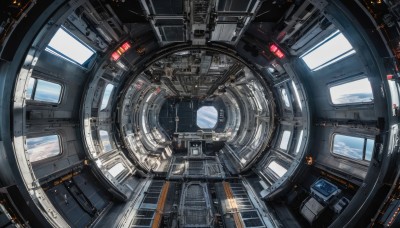 sky,cloud,dutch angle,no humans,window,building,scenery,science fiction,space,spacecraft,cockpit,indoors,english text,from above,machinery,realistic,cable,monitor,planet