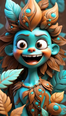 1girl,solo,long hair,looking at viewer,blush,smile,open mouth,brown hair,hair ornament,brown eyes,jewelry,upper body,:d,teeth,artist name,hand up,necklace,blurry,eyelashes,depth of field,blurry background,colored skin,leaf,upper teeth only,happy,feathers,plant,monster girl,freckles,blue skin,feather hair ornament,green skin,buck teeth,tribal,breasts,bare shoulders,collarbone,small breasts,watermark,messy hair