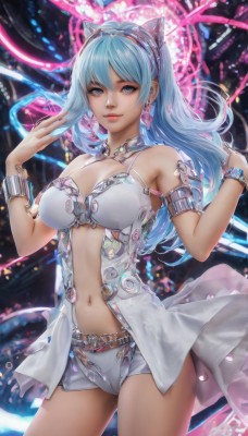 1girl,solo,long hair,breasts,looking at viewer,smile,bangs,blue eyes,large breasts,navel,animal ears,cleavage,bare shoulders,jewelry,medium breasts,blue hair,cowboy shot,hairband,earrings,shorts,cat ears,bracelet,lips,short shorts,fake animal ears,armlet,white shorts,realistic,dress,closed mouth,standing,midriff,belt,artist name,watermark,nose