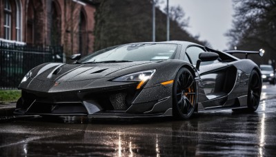 outdoors,water,blurry,tree,no humans,blurry background,ground vehicle,building,motor vehicle,reflection,fence,car,road,bridge,vehicle focus,lamppost,wheel,sports car,solo,rain