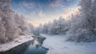 outdoors, sky, day, cloud, water, tree, blue sky, no humans, cloudy sky, nature, scenery, snow, forest, reflection, winter, bare tree