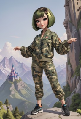 1girl,solo,looking at viewer,smile,short hair,bangs,black hair,hair ornament,long sleeves,jewelry,closed mouth,standing,jacket,full body,multicolored hair,earrings,outdoors,green hair,sky,shoes,day,pants,cloud,blunt bangs,star (symbol),black footwear,uniform,black eyes,tree,blue sky,lips,military,military uniform,bob cut,building,sneakers,nature,scenery,green jacket,star hair ornament,mountain,camouflage,mountainous horizon,cliff,camouflage jacket,camouflage pants,blush,puffy sleeves,zipper,zipper pull tab,castle,patch