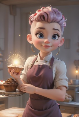 1girl,solo,looking at viewer,blush,smile,short hair,blue eyes,brown hair,shirt,hair ornament,holding,jewelry,closed mouth,white shirt,pink hair,short sleeves,multicolored hair,earrings,food,indoors,hair bun,blurry,apron,two-tone hair,lips,eyelashes,fruit,depth of field,blurry background,child,cake,hoop earrings,female child,cupcake,standing,upper body,single hair bun,holding food,plate