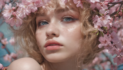 1girl, solo, looking at viewer, blue eyes, blonde hair, flower, parted lips, blurry, lips, eyelashes, depth of field, cherry blossoms, portrait, close-up, realistic, nose, branch