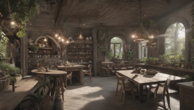 day,indoors,tree,cup,book,no humans,window,chair,table,sunlight,bottle,plant,scenery,plate,light rays,wooden floor,bookshelf,potted plant,light,lamp,stool,shelf,jar,ceiling,ceiling light,cabinet,chandelier,wooden table,wooden chair,skull,stairs,fantasy,candle,barrel