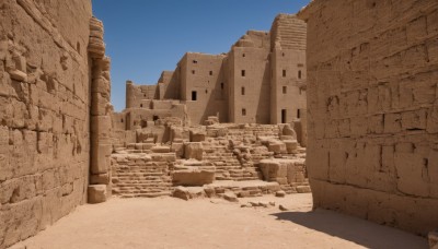 outdoors,sky,day,blue sky,no humans,shadow,building,scenery,city,sand,road,ruins,desert,rock,stairs,arch