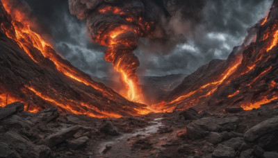 outdoors, sky, cloud, cloudy sky, fire, scenery, rock, mountain, molten rock