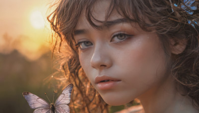 1girl, solo, long hair, looking at viewer, brown hair, brown eyes, outdoors, parted lips, blurry, lips, eyelashes, depth of field, blurry background, bug, butterfly, portrait, close-up, realistic, nose